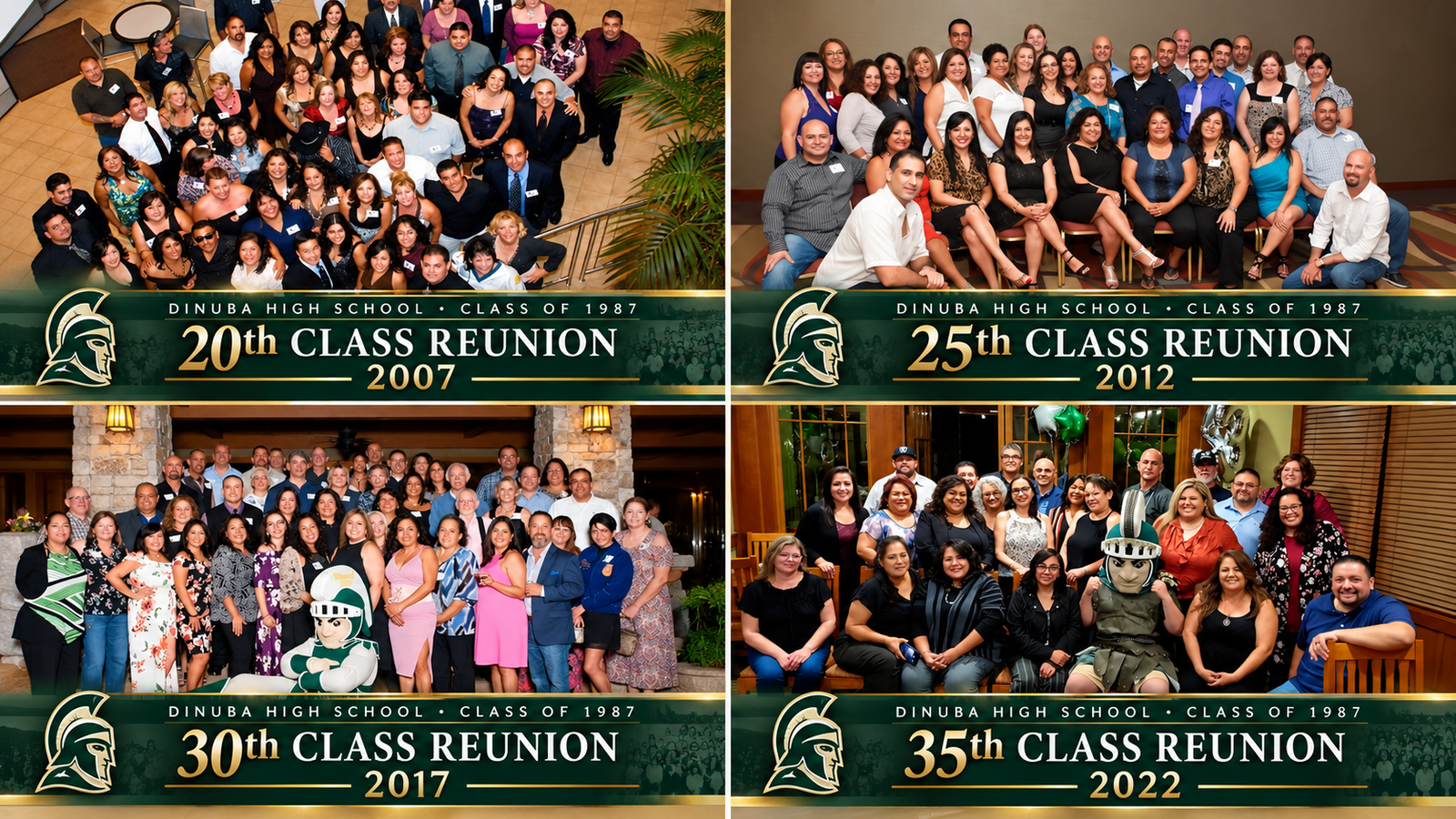 Four historical Dinuba High Class of 1987 reunion group photos: 20th reunion 2007, 25th reunion 2012, 30th reunion 2017, and 35th reunion 2022